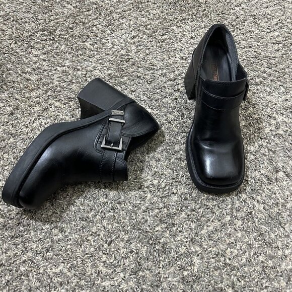 Harley Davidson Black Leather Boots Chunky Block Heel Square Toe Size 6 Y2K 90s - Picture 1 of 11